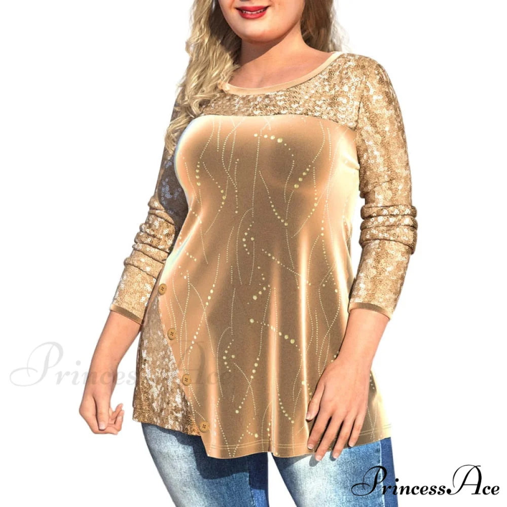 Plus Size Graphic Printed Sequins Patchwork Round Neck T Shirt - Image 12