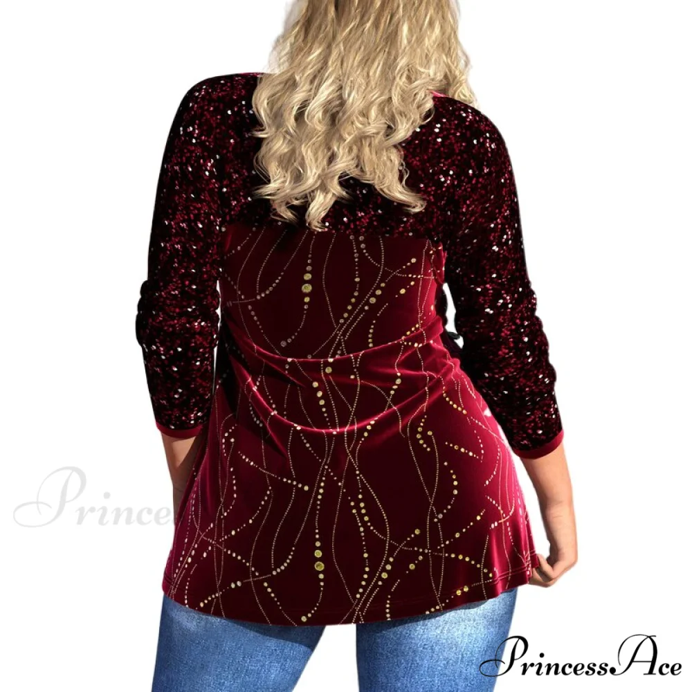 Plus Size Graphic Printed Sequins Patchwork Round Neck T Shirt - Image 9