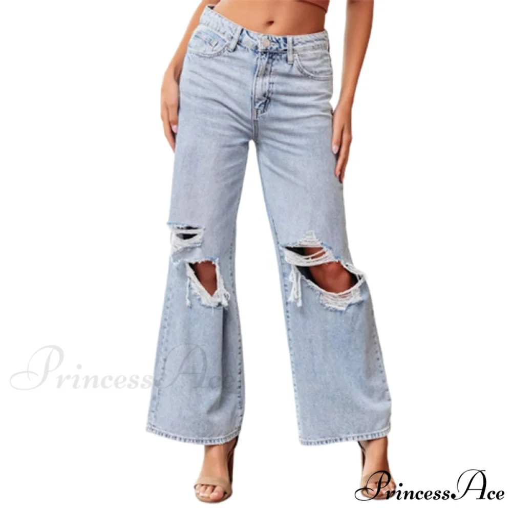 Fashion Broken Holes Light Blue Trousers Trend Streetwear Washable