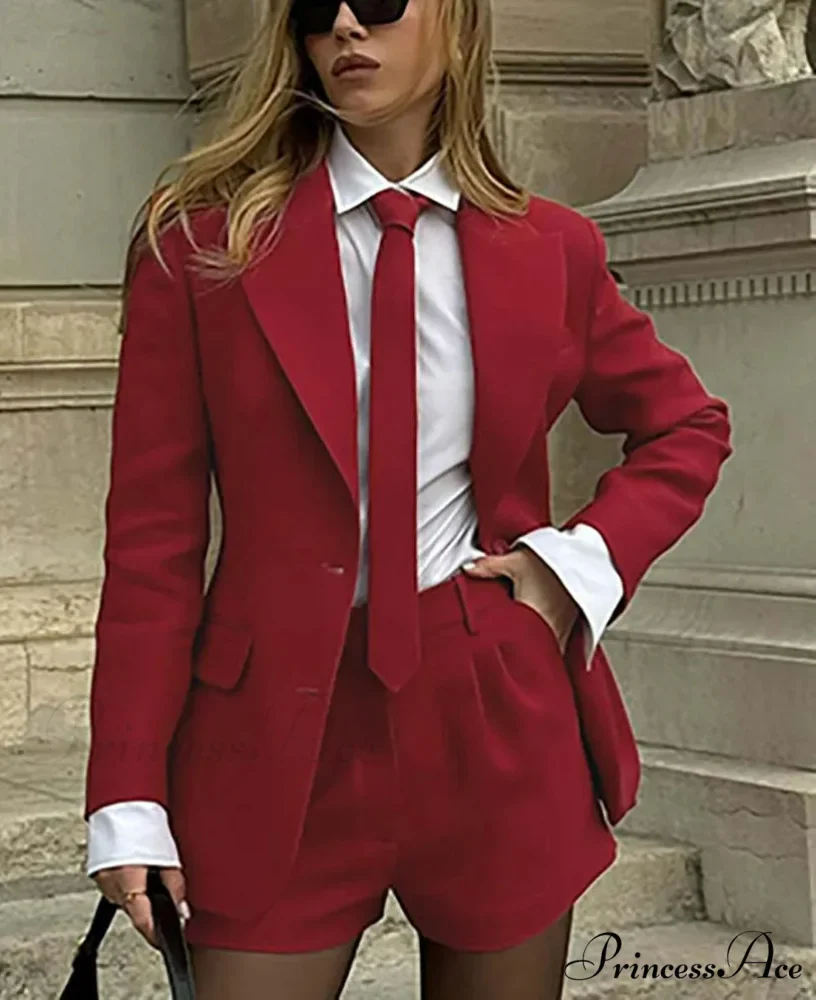 Crimson Pockets Necktie Button Shorts Workplace Two Piece Set