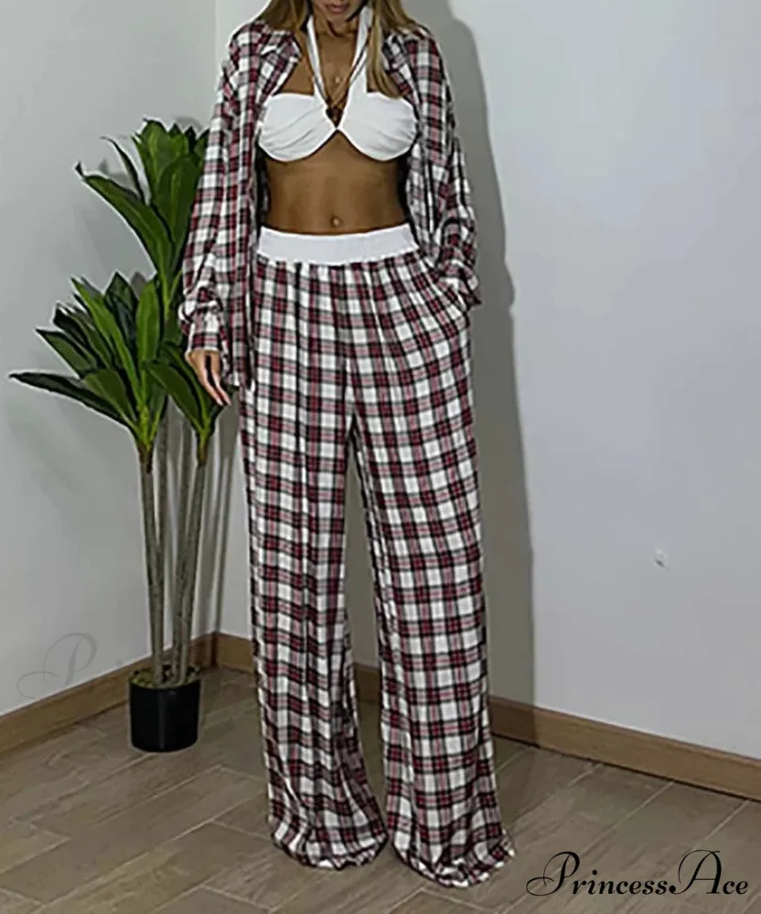 Crimson Press Button Blouse Pants Workplace Two Piece Set