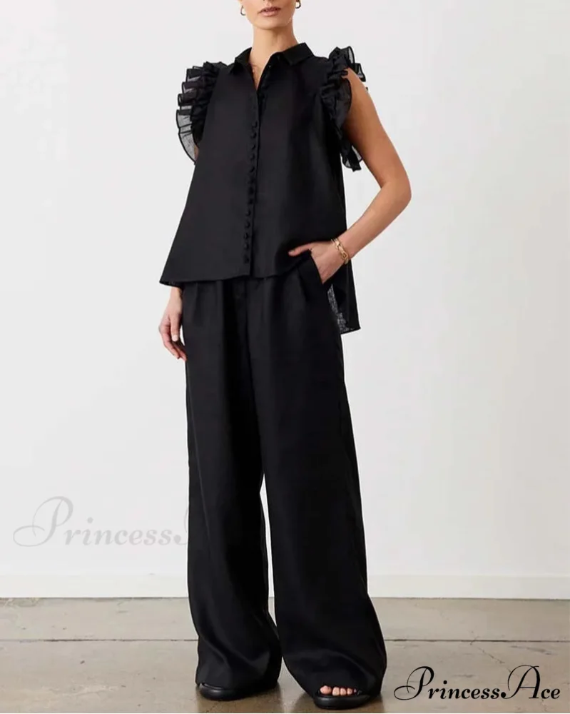 Dark Cotton Frilled Basic Pants Workplace Two Piece Set