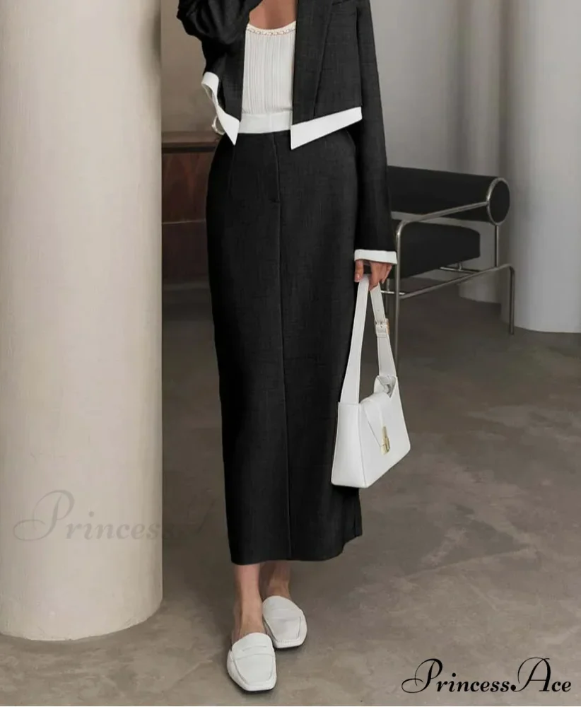 Dark Patchwork Trimmed Straight Business Two Piece Set