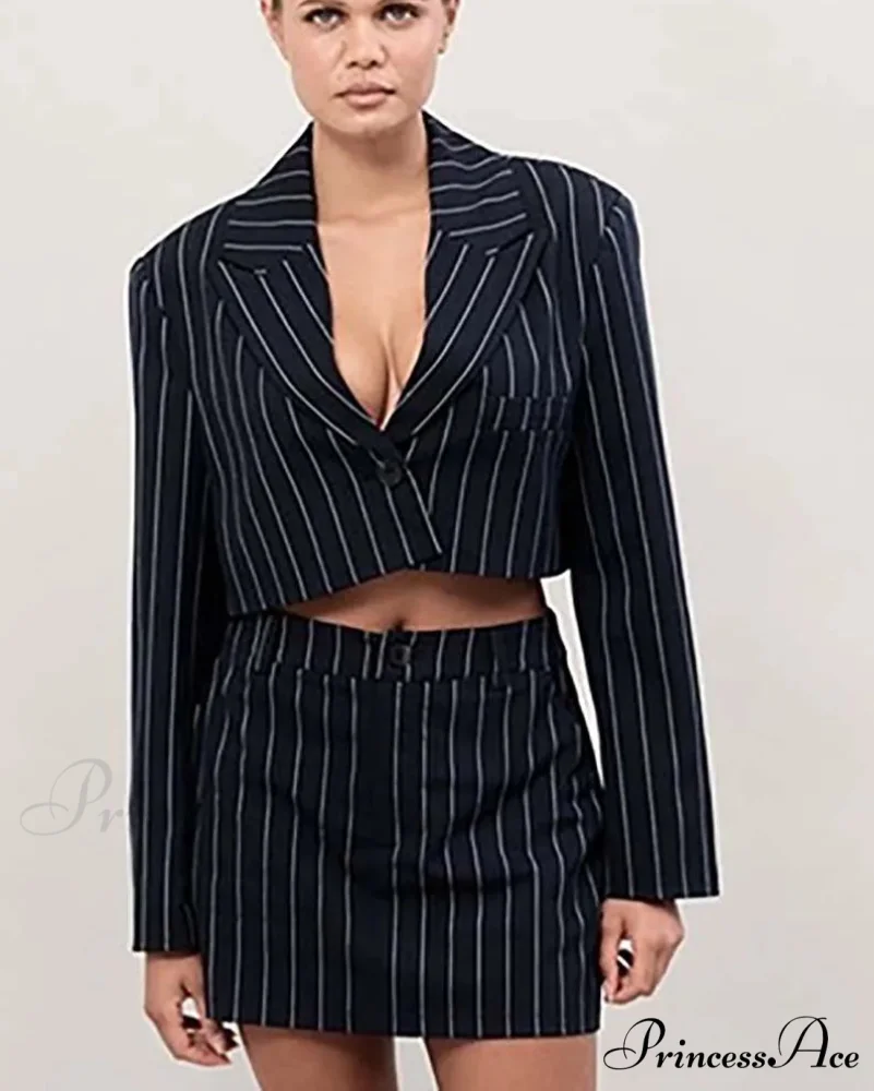 Dark Printed Crop Blouse Mini Workplace Two Piece Set