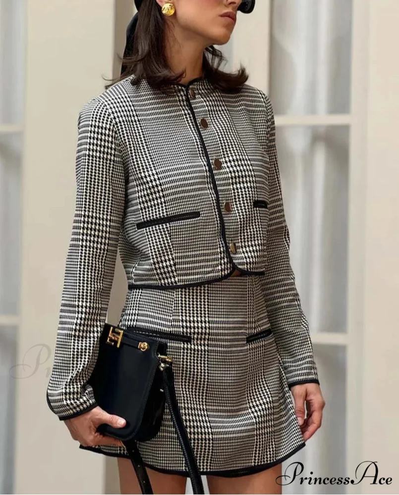 Dark Printed Round Neck Pockets Small Business Two Piece Set