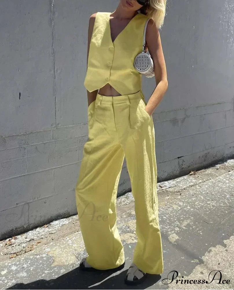 Golden Cotton Sleeveless Crop Pants Workplace Two Piece Set