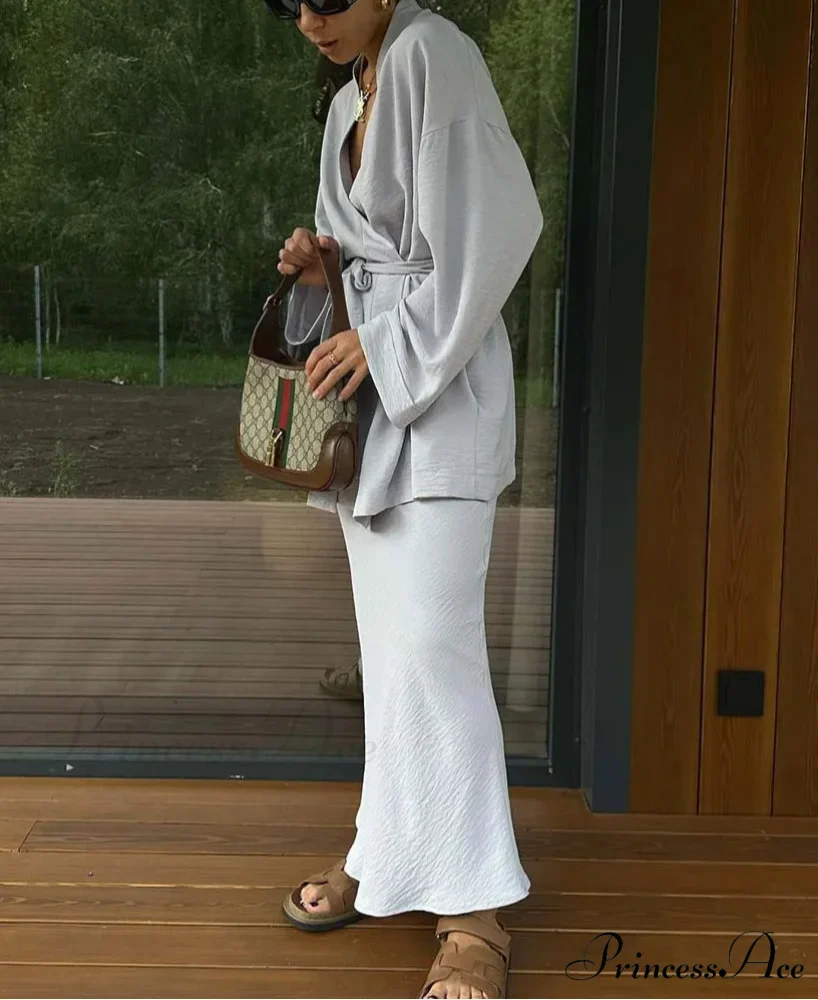 Gray Tie-Up Ankle Skirt Workplace Two Piece Set
