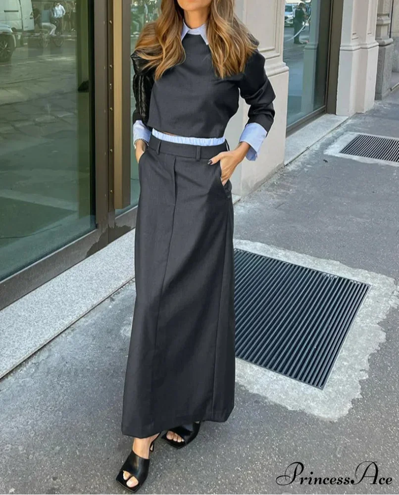 Grey Extended Sleeve Crop Skirt Workplace Two Piece Set