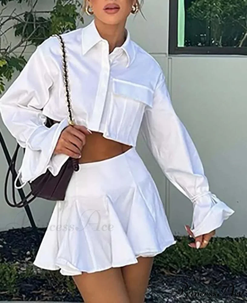 Ivory Pockets Cropped Pleated Mini Professional Two Piece Ensemble