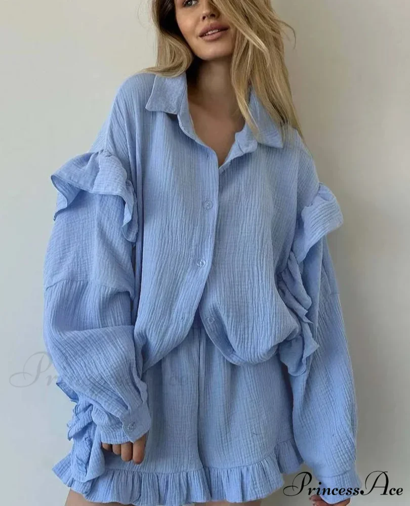 Navy Cotton Collar Frilled Blouse Workplace Two Piece Set