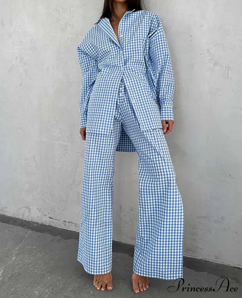 Navy Cotton Pattern Collar Straight Trousers Work Two Piece Set