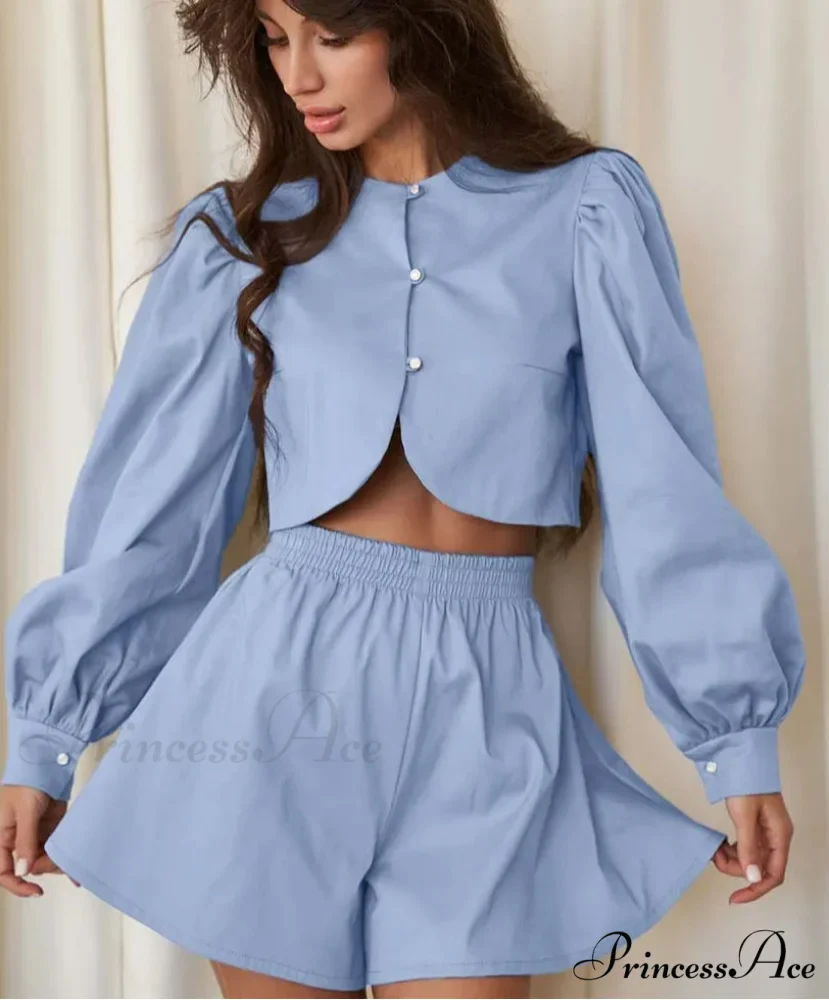 Navy Cotton Round Neck Short Office Two Piece Set
