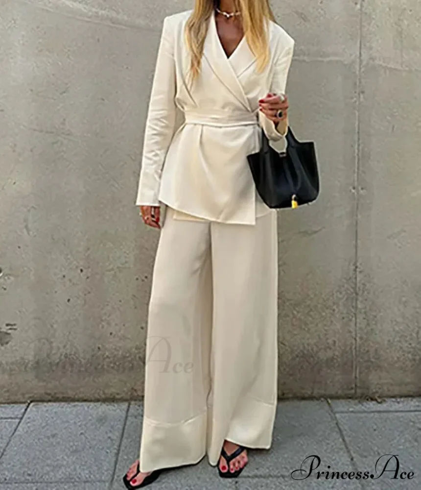 Orange Lace-Up Straight Pants Work Two Piece Set