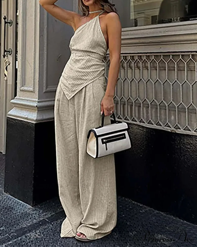 Orange Print Halter Lace-Up Trousers Workplace Two Piece Set