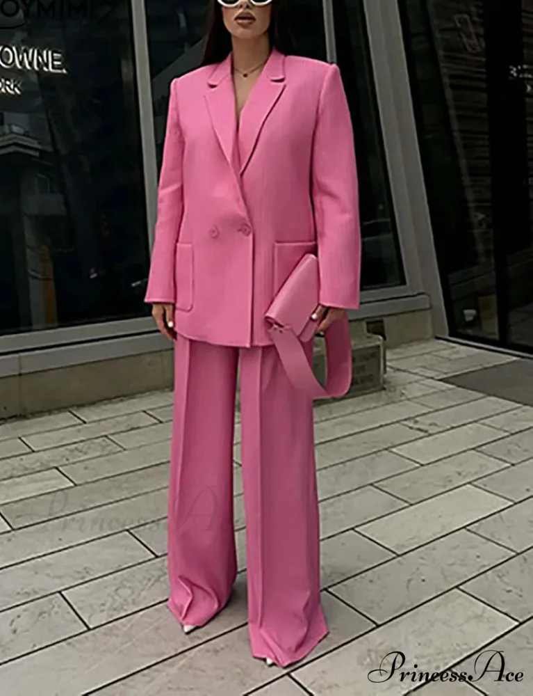 Pink Printed Pockets Blazer Pants Office Two Piece Set