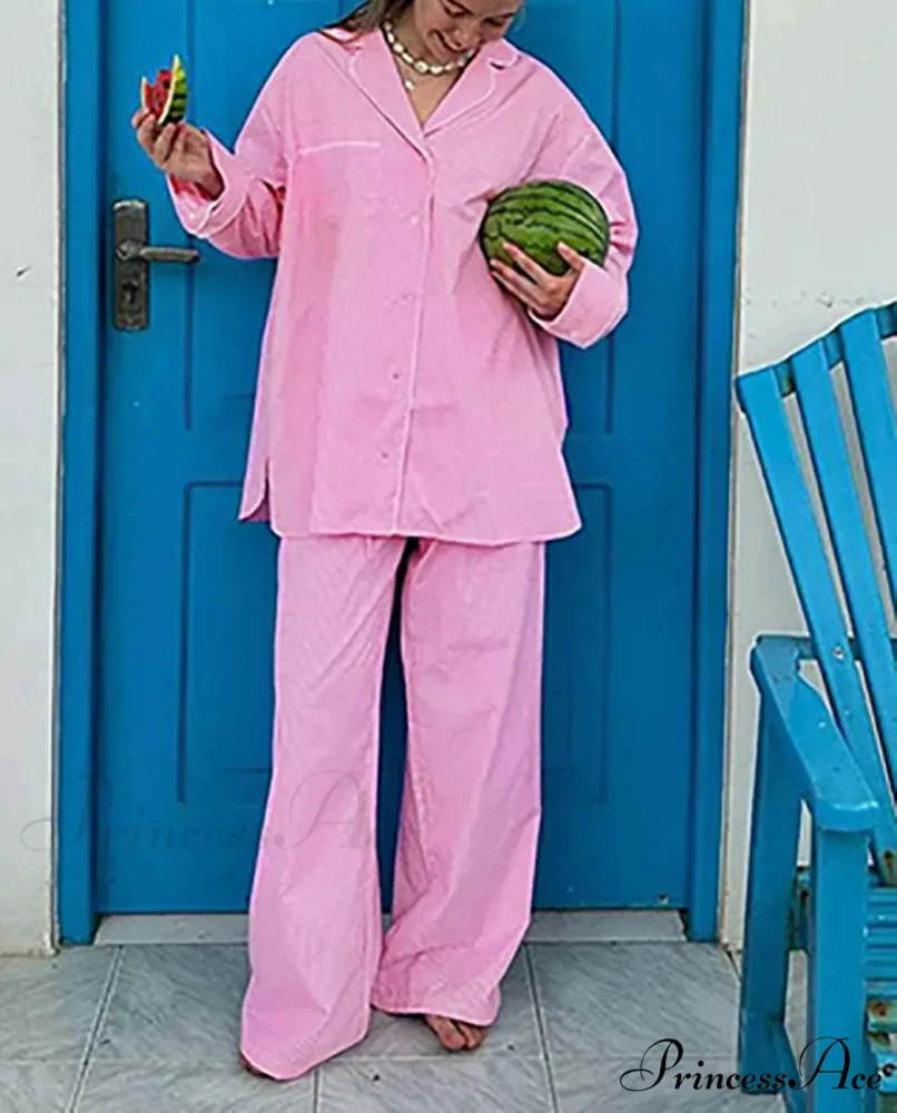 Pink Printed Pockets Straight Pants Work Two Piece Set
