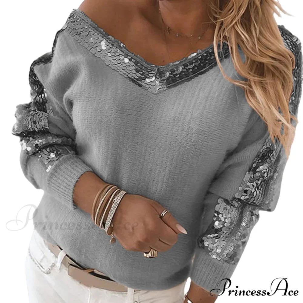 V Neck Long Sleeve Sequins One Shoulder Pullover - Image 4