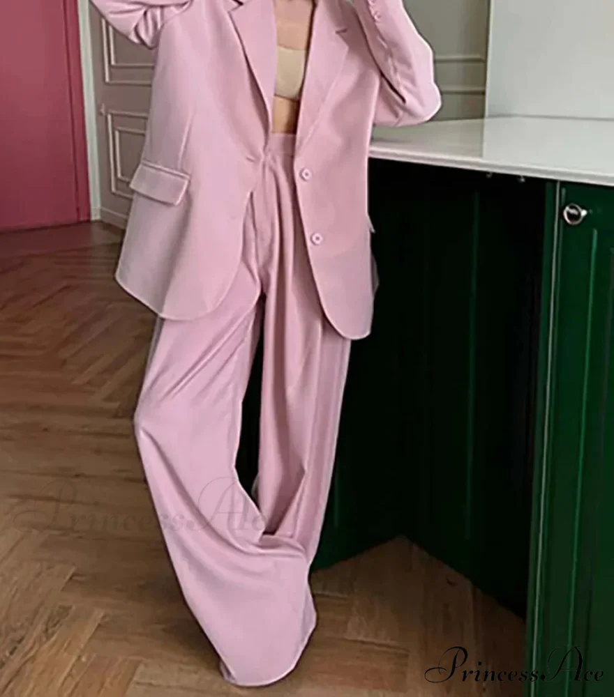 Rose Pockets Jacket Straight Pants Office Two Piece Set
