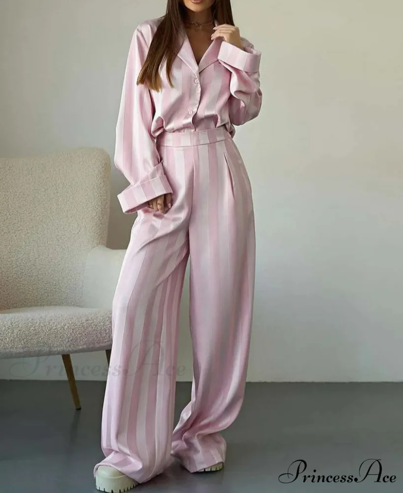 Rose Print Collar Full Trousers Workplace Two Piece Set