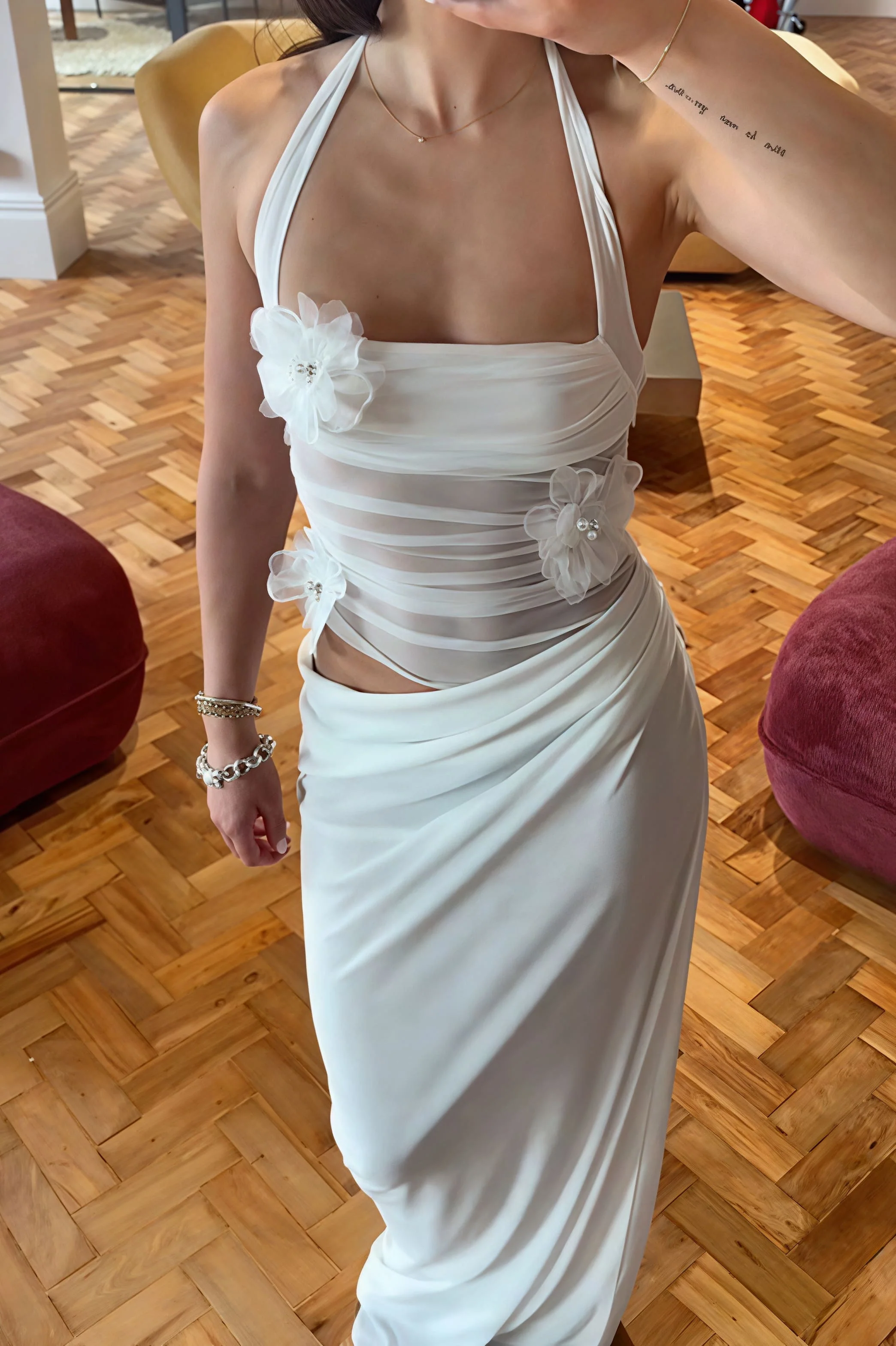 3D Floral Patchwork Halter Slim Cutout Waist Maxi Dress - Image 2