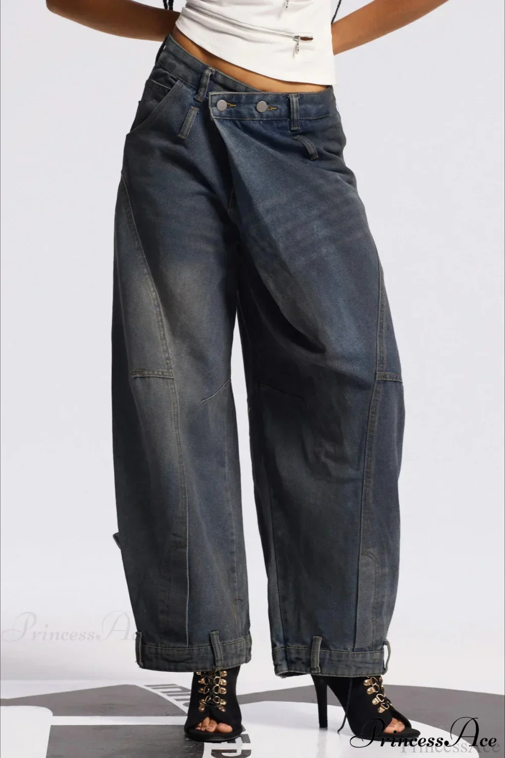 Asymmetric Waist Washed Low Waist Flare Wide Leg Jeans
