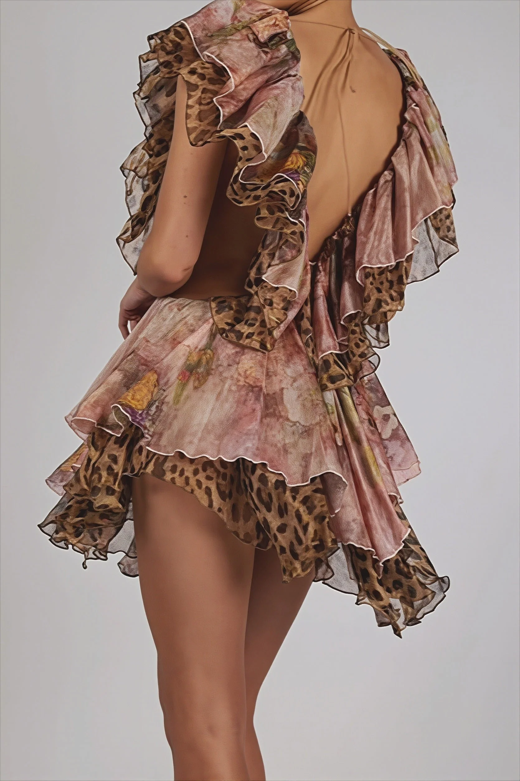 Backless Irregular Ruffle Print Mini Dress - Image 3