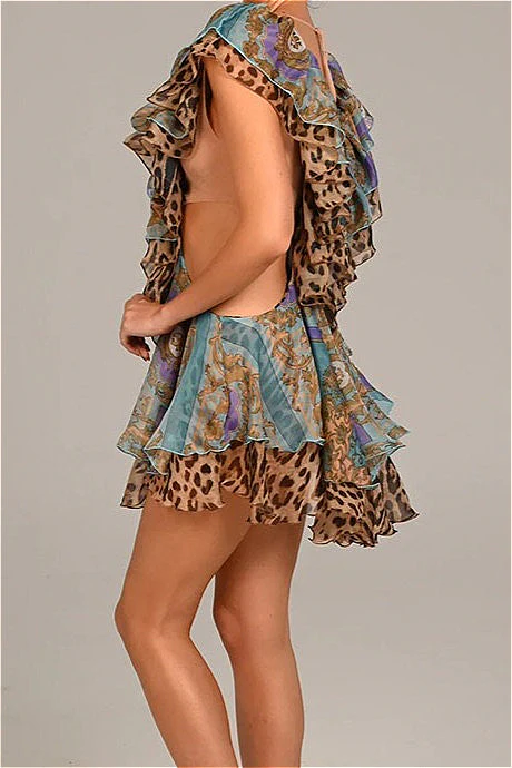 Backless Irregular Ruffle Print Mini Dress - Image 6