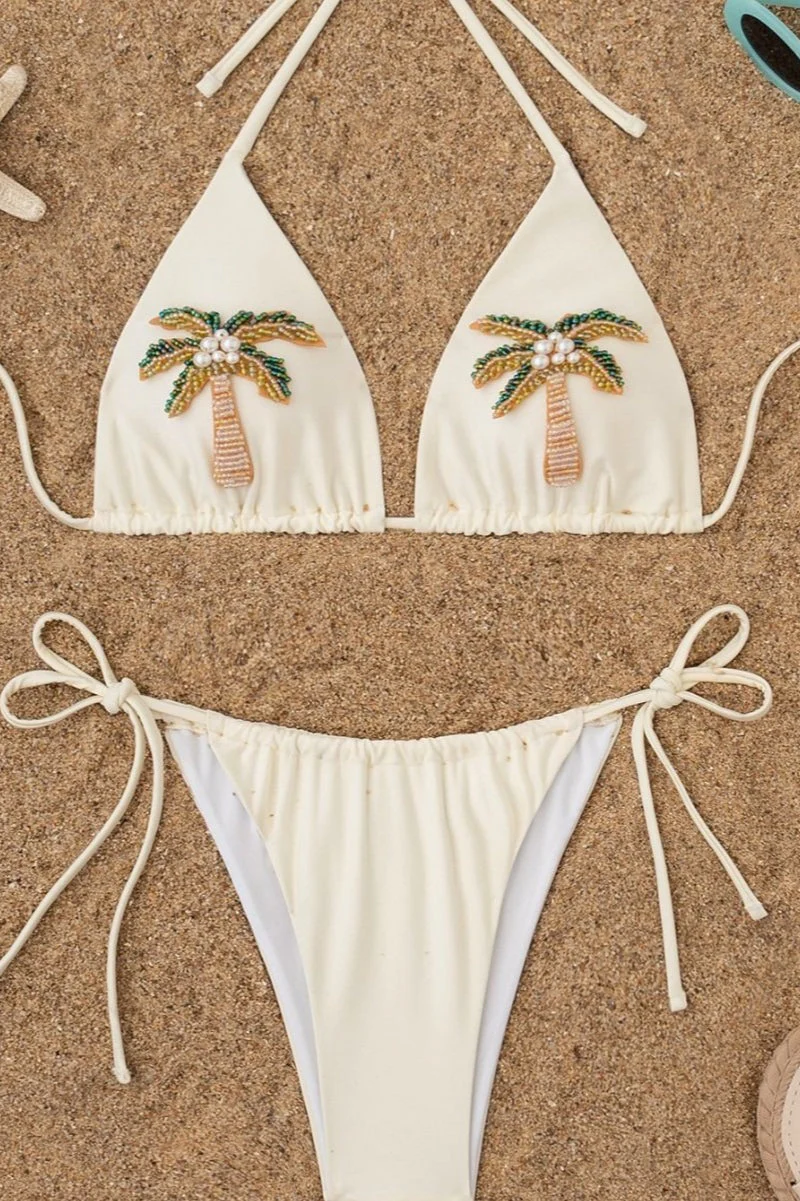 Beaded Coconut Tree Solid Bikini Set - Image 3