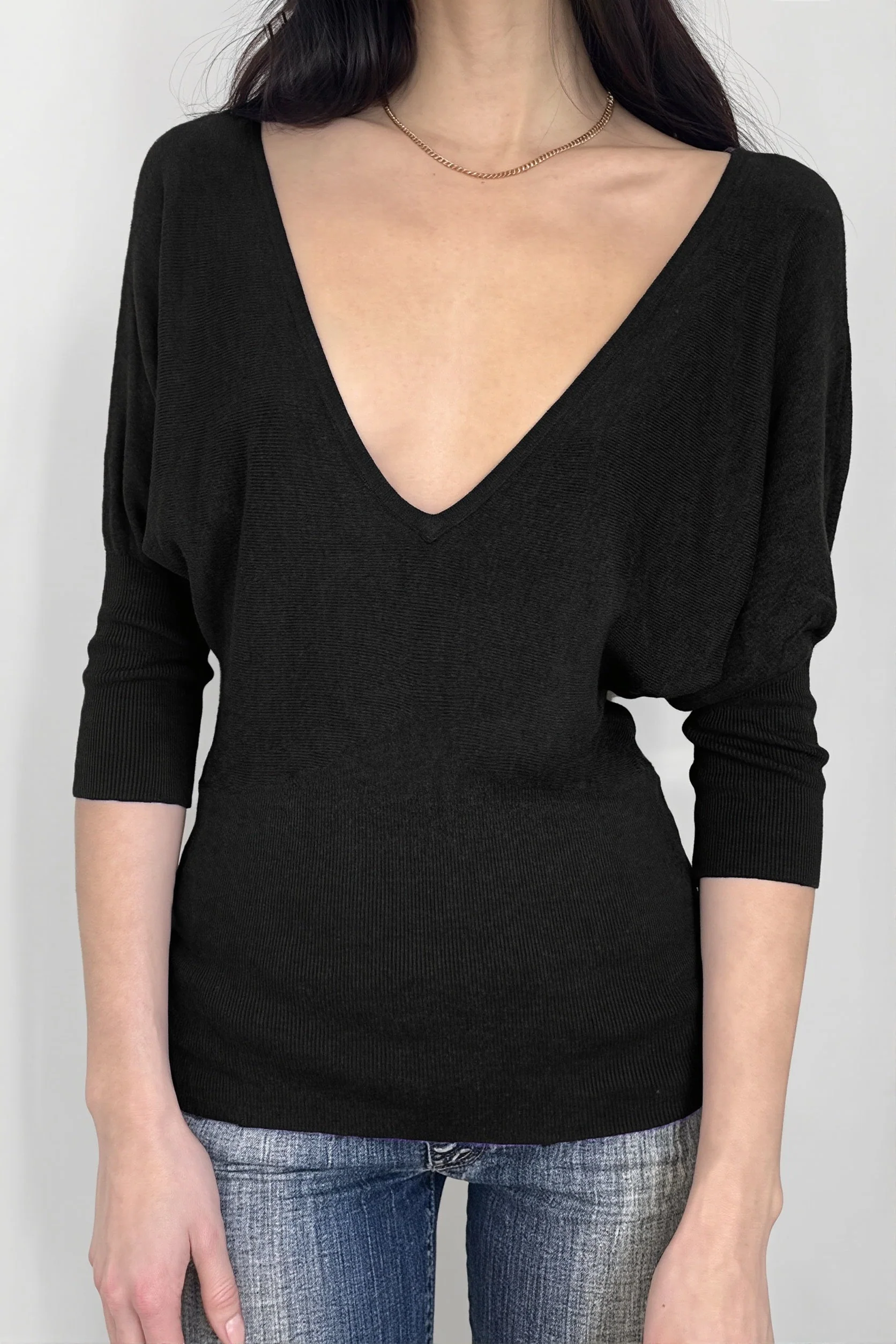 Black V Neck Slim Basic Blouse - Image 2