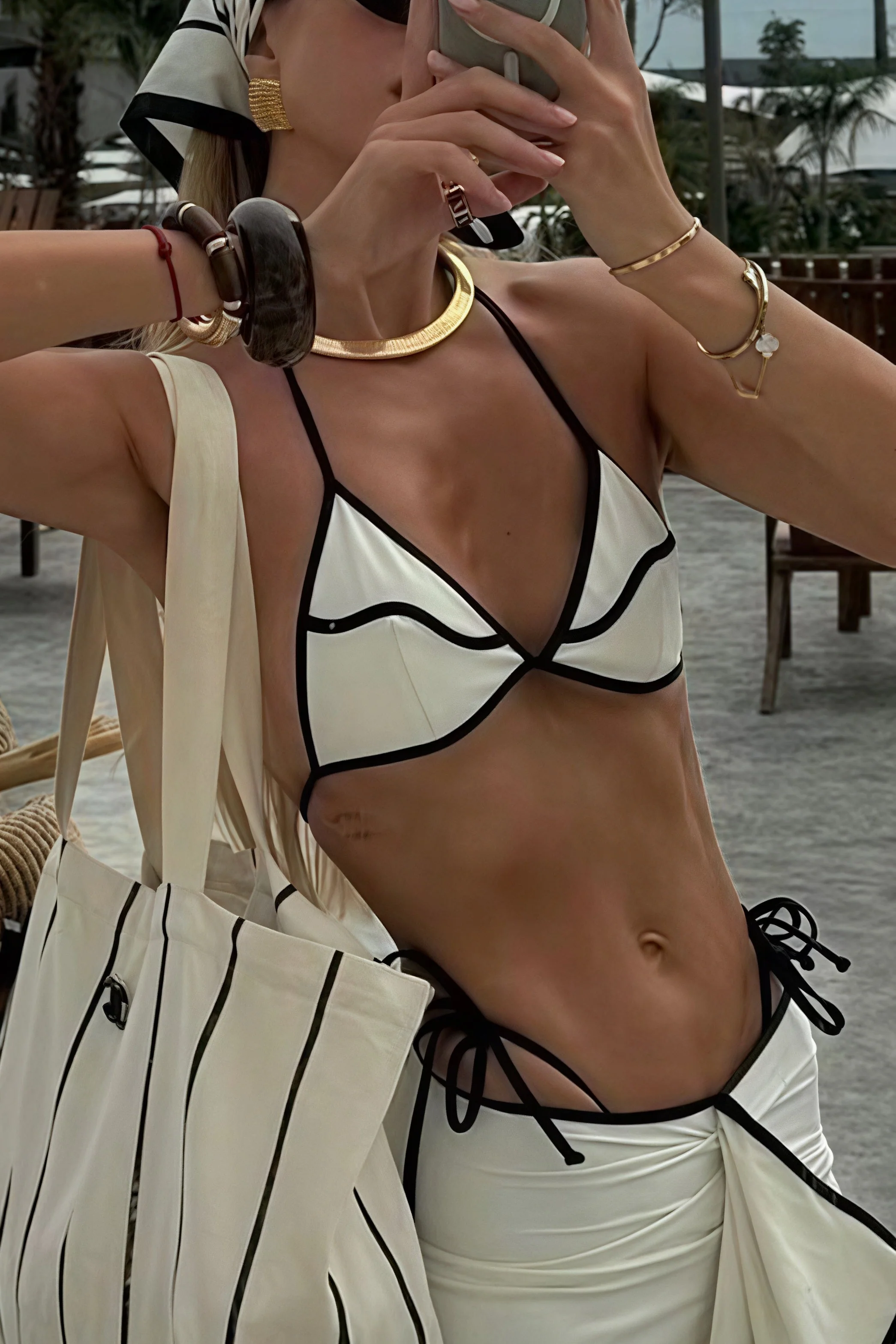 Black White Color Block Ruffle Three Piece Swim Set - Image 3