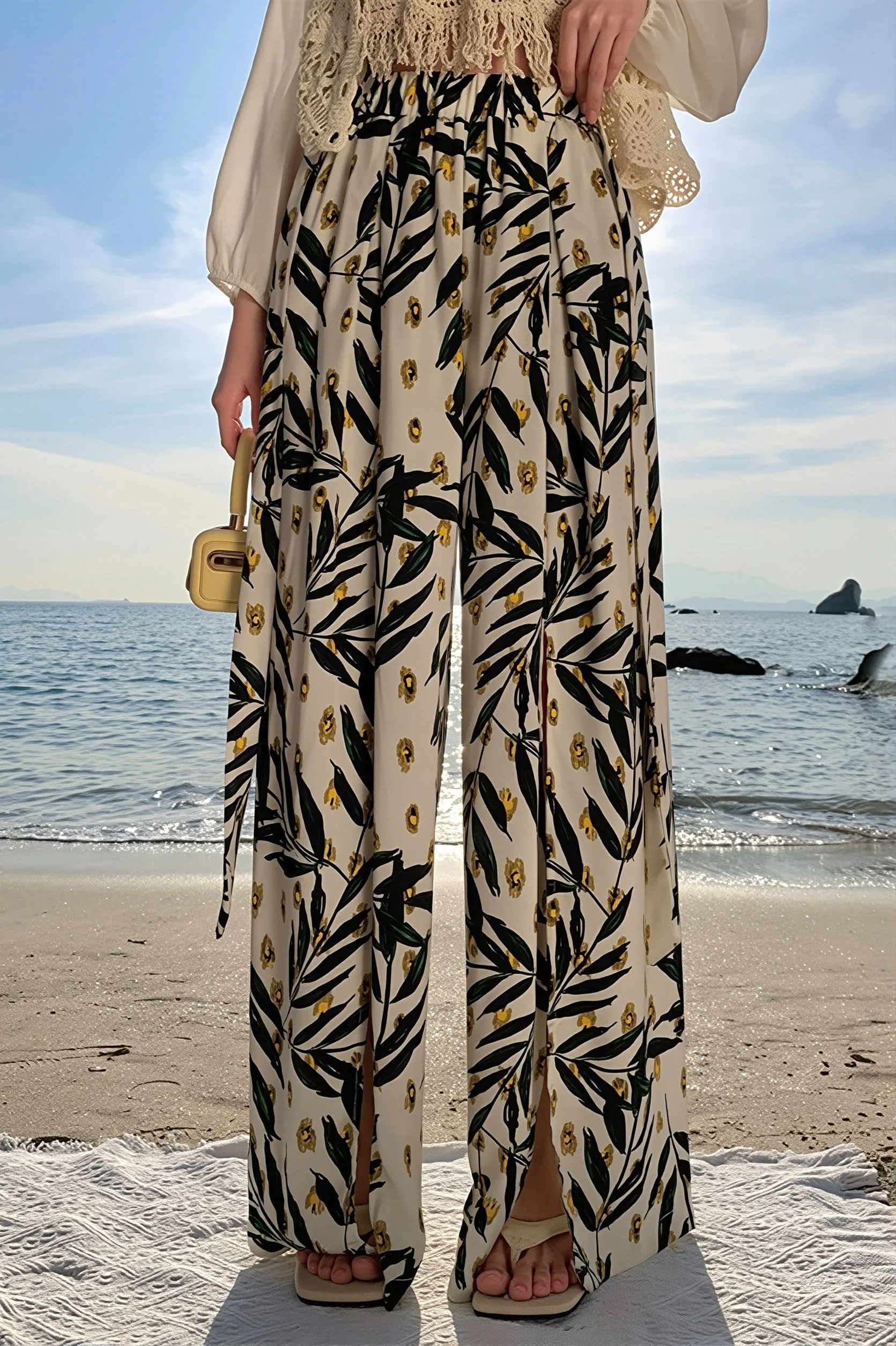 Boho Beach Split Floral Wide Pants - Image 2