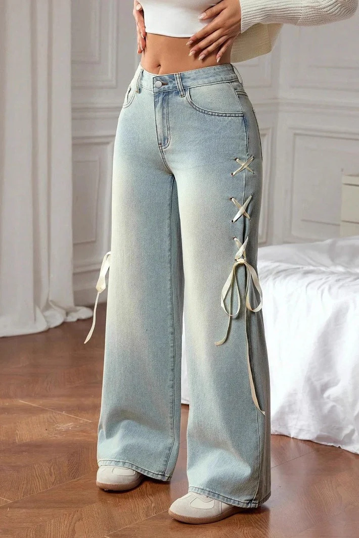 Bow Sash Decor Loose Wide Leg Jeans - Image 2