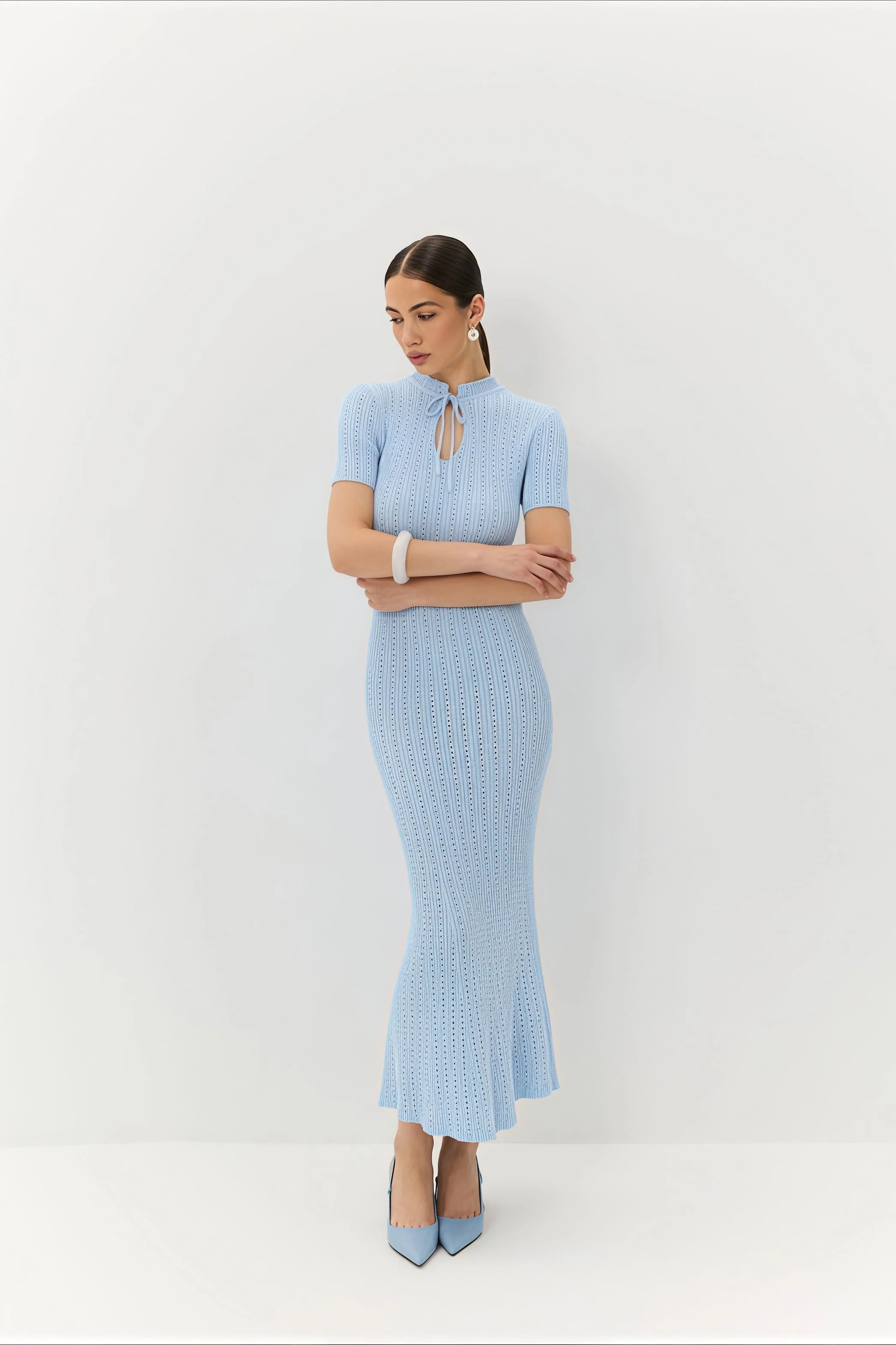 Candy Color Round Neck Short Sleeve Bodycon Knitted Maxi Dress - Image 10