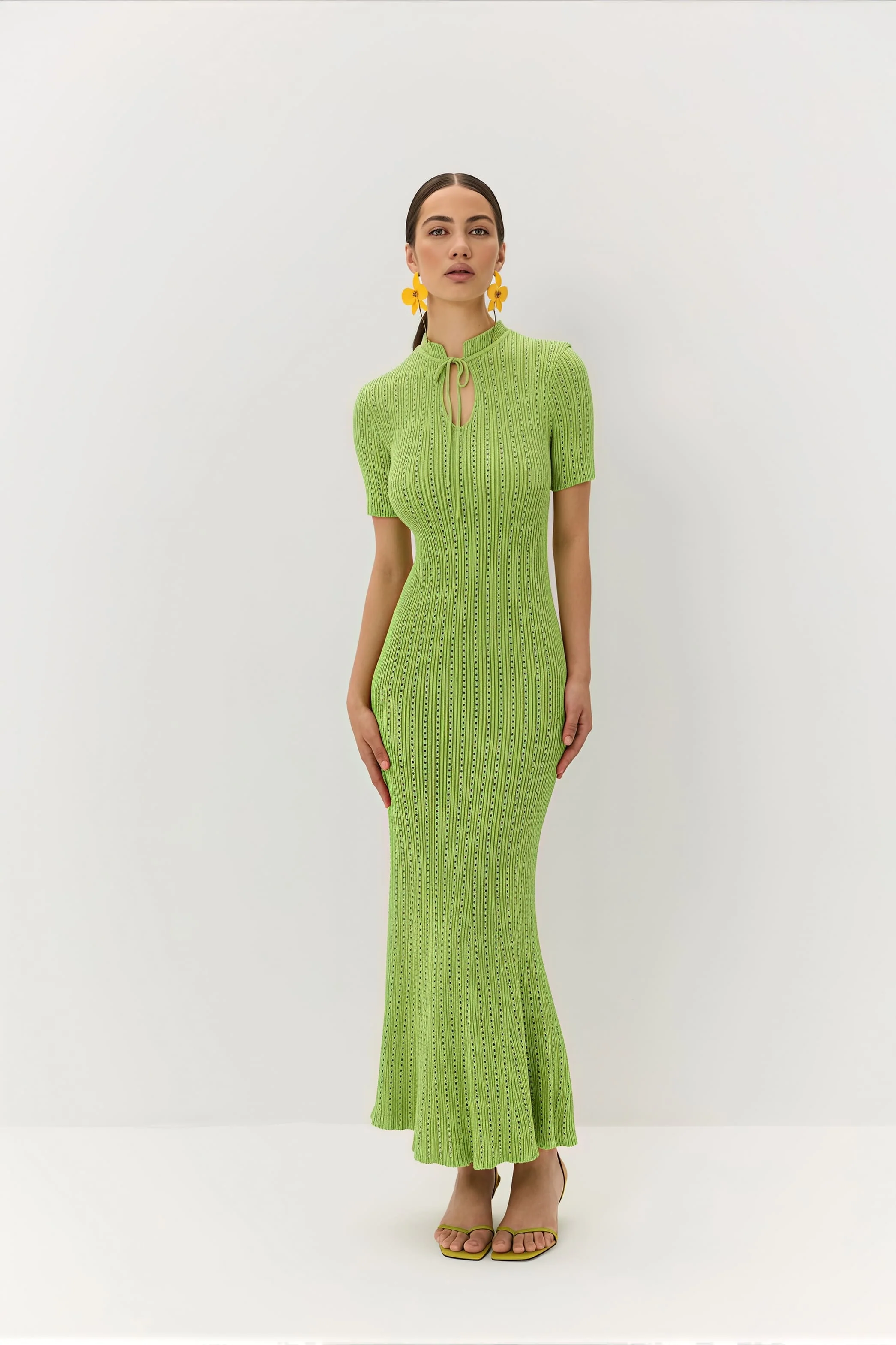 Candy Color Round Neck Short Sleeve Bodycon Knitted Maxi Dress - Image 6