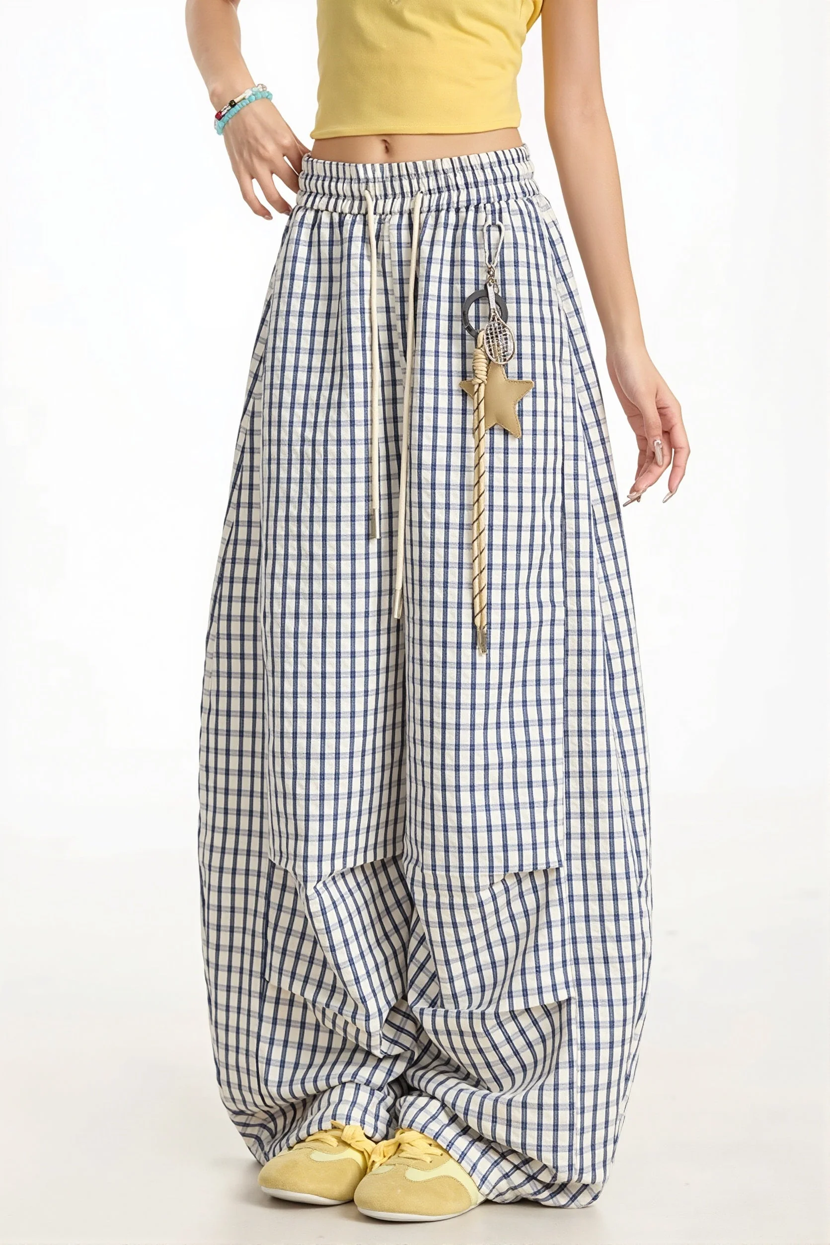 Casual Blue Plaid Curved Pants - Image 2