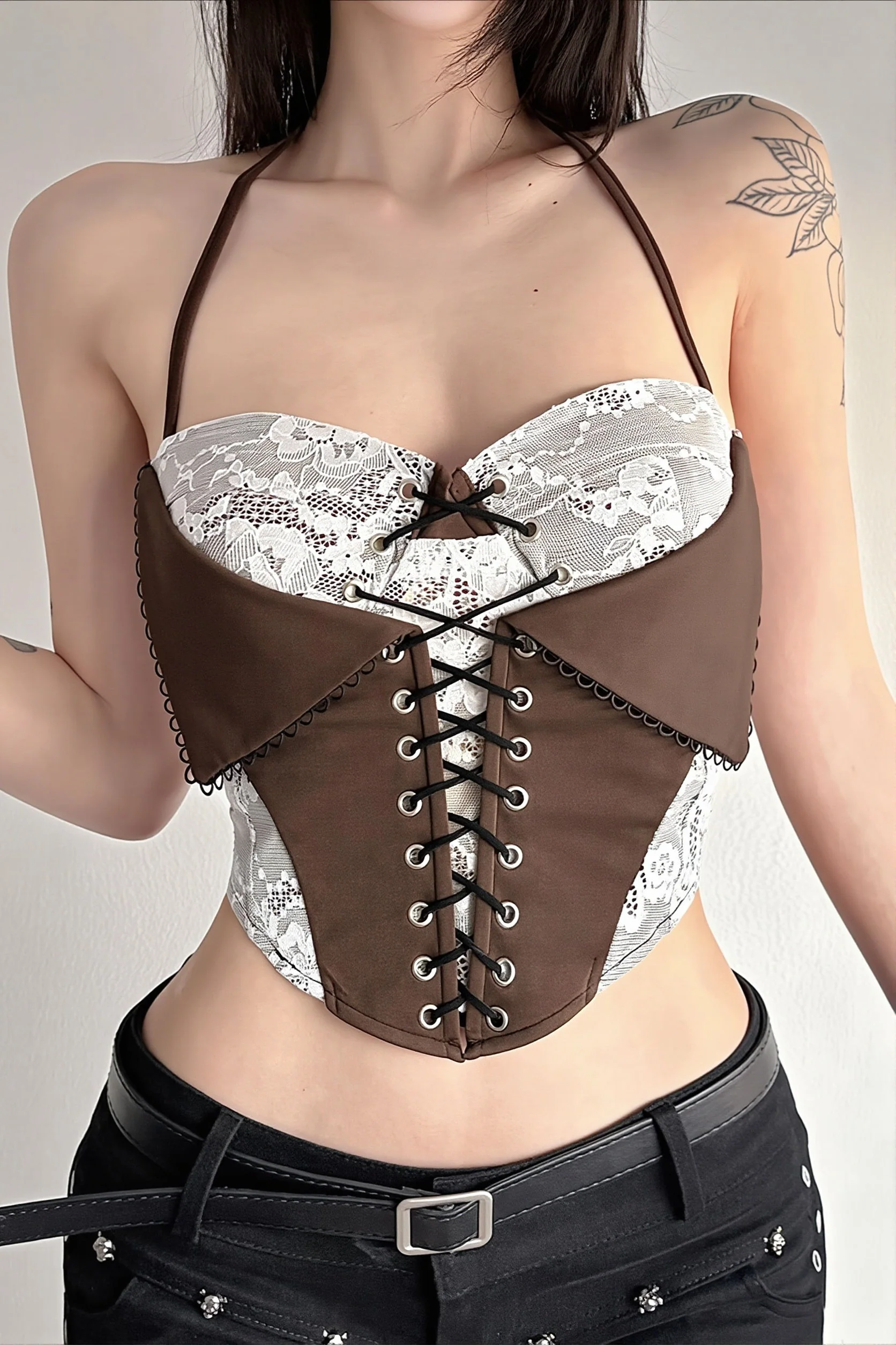 Chic Color Block Lace Insert Tie Waist Backless Halter Top