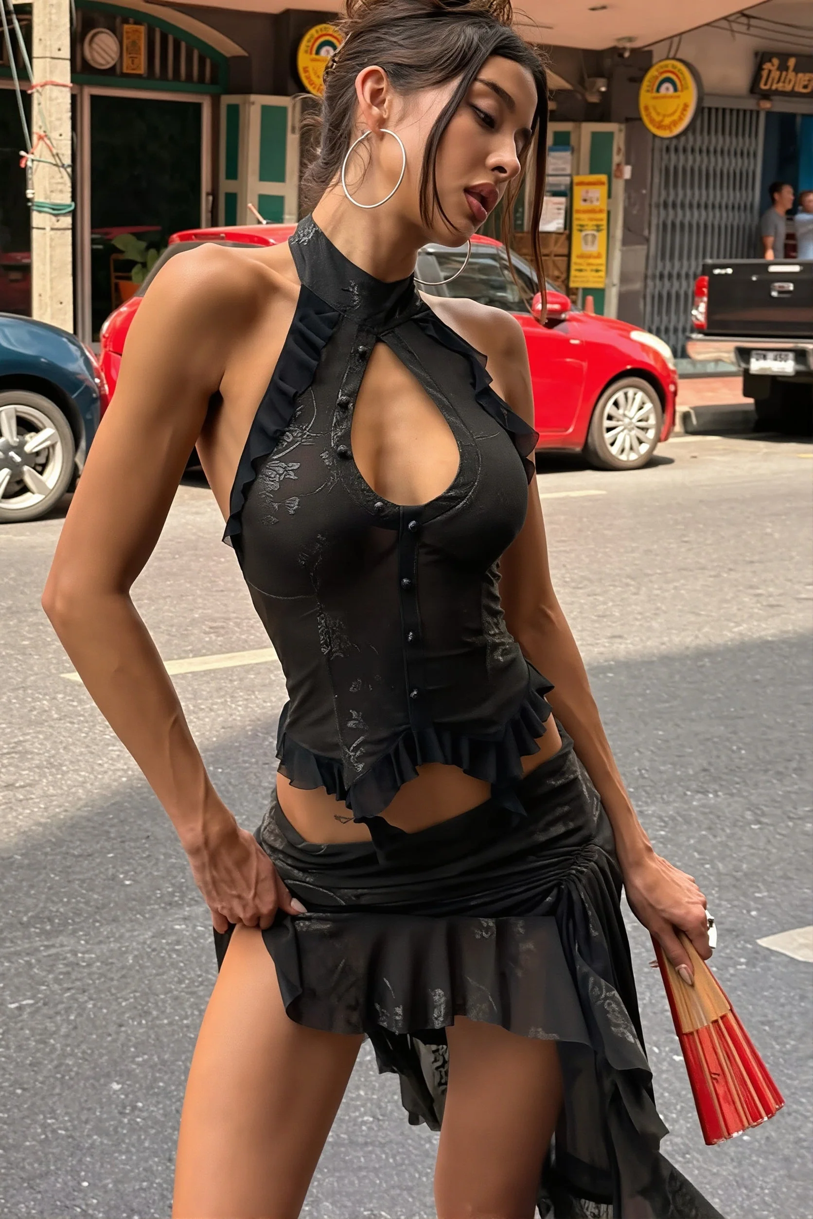 Chic Cut Out Halter Backless Asymmetric Crop Top Skirt Sets - Image 2