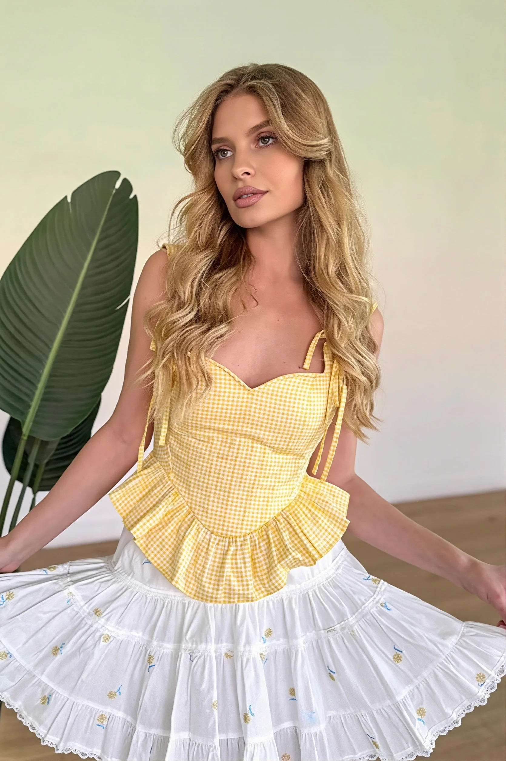 Chic Gingham Ruffle Lace Up Waist Cinch Cami Top - Image 3
