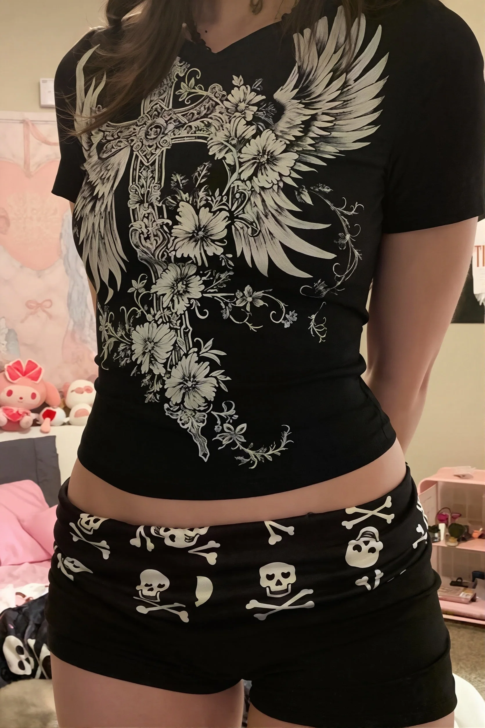 Chic Gothic Skull Low Rise Bodycon Denim Shorts - Image 3