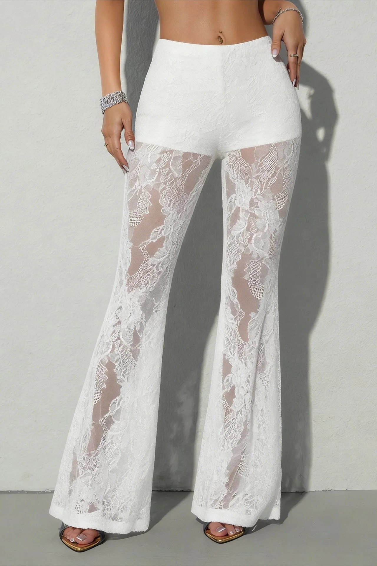 Chic Lace Panel Flared Mesh Pants - Image 5