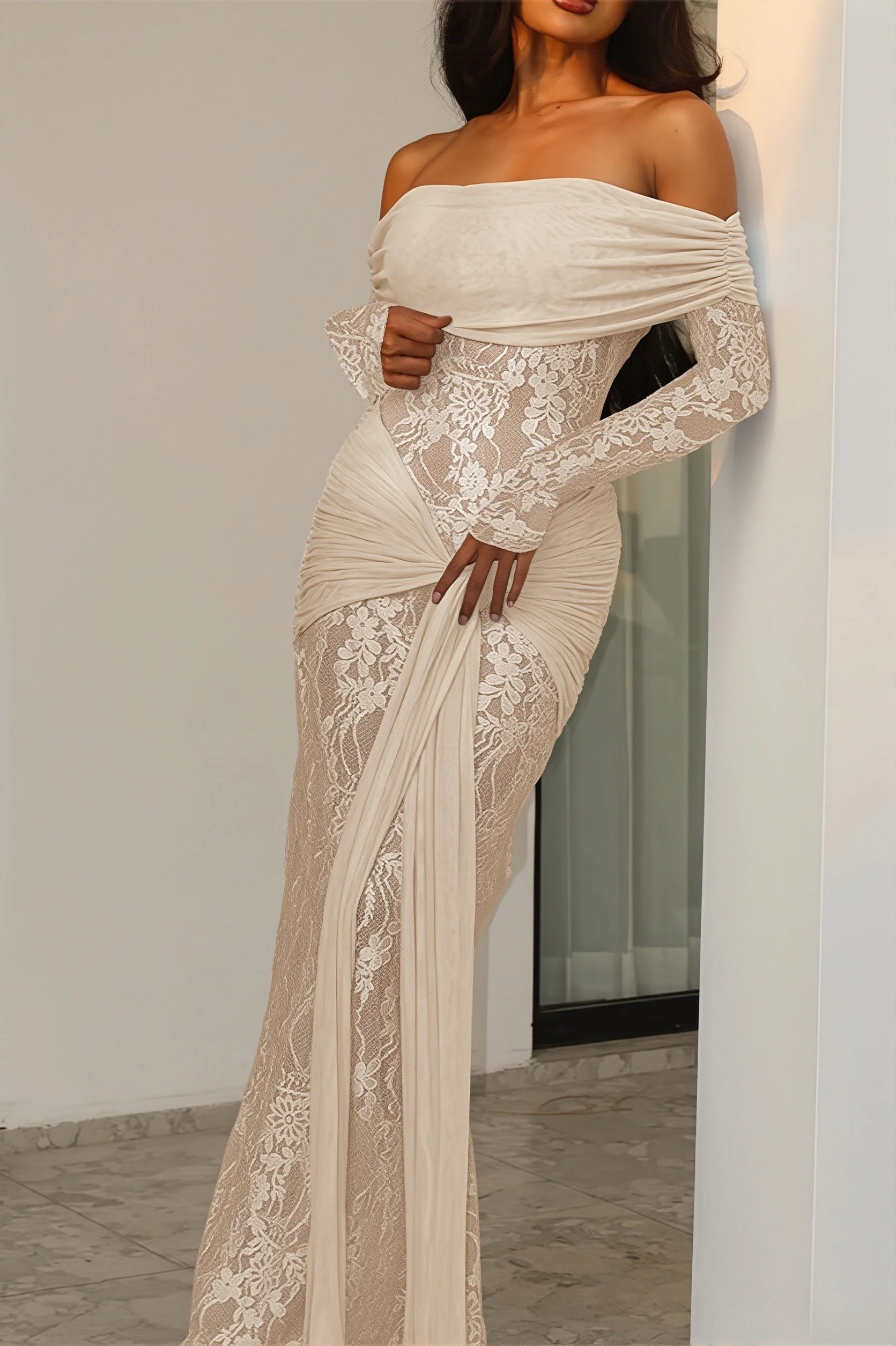 Chic Lace Trim Off Shoulder Long Sleeve Wrap Maxi Dress - Image 3