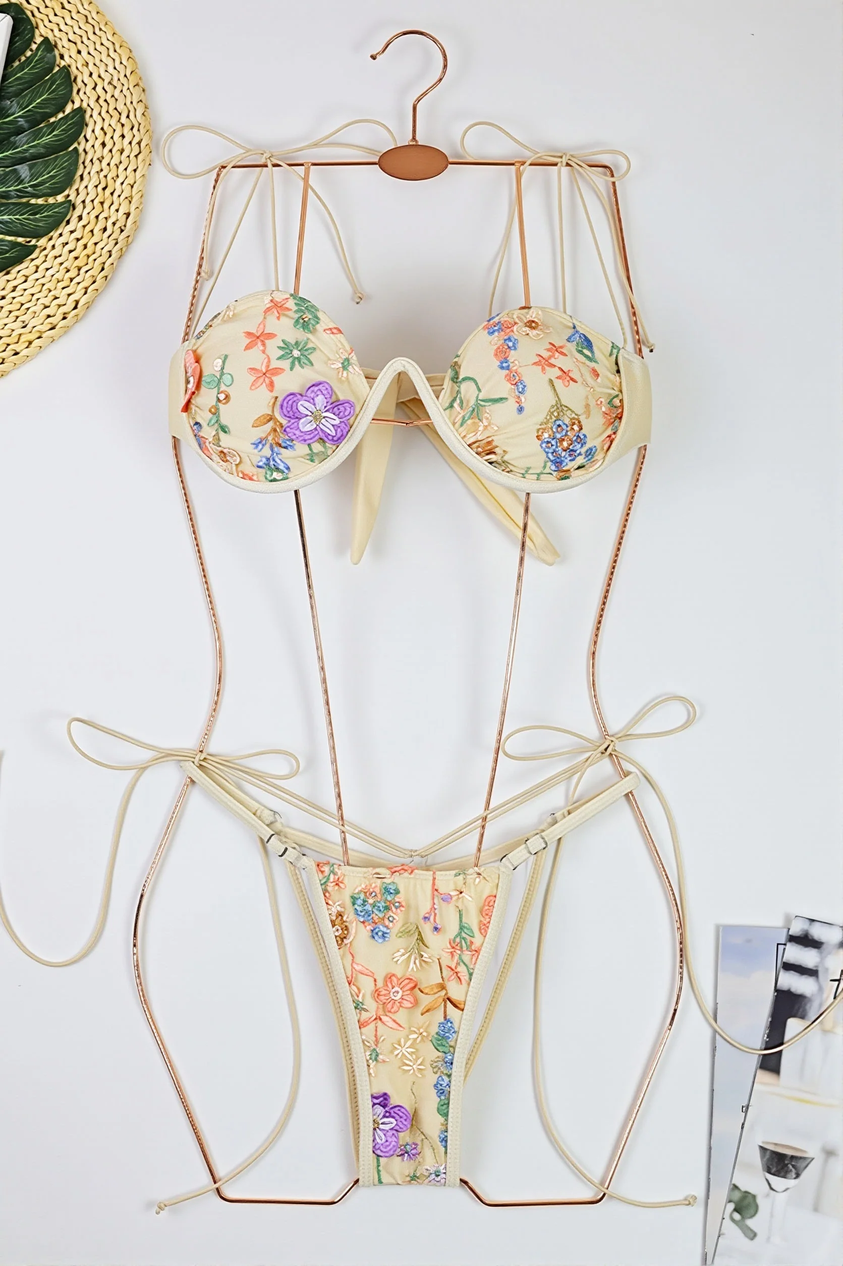 Chic Lace Up Embroidered Underwire Bikini Sets - Image 4
