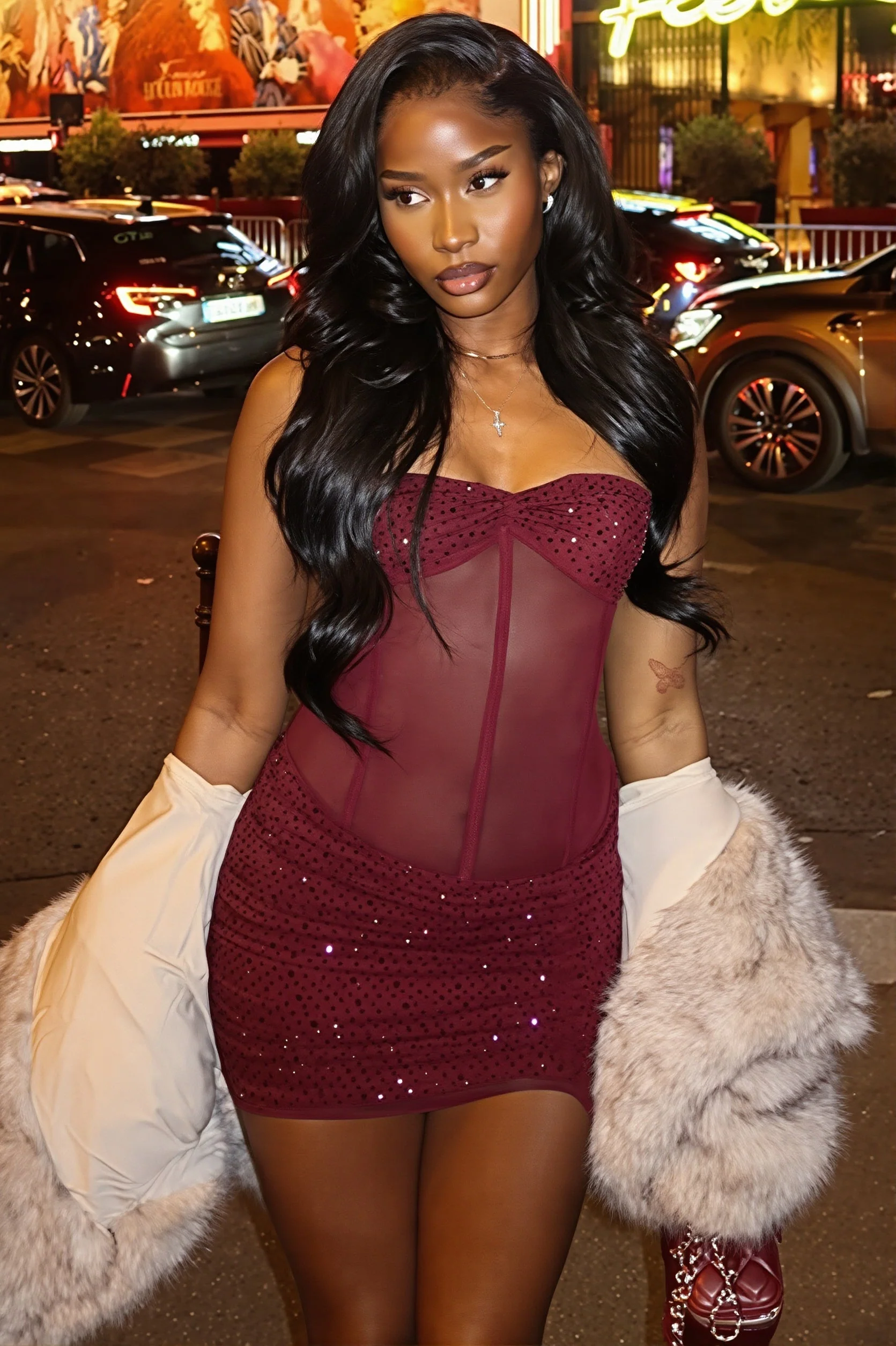 Chic Rhinestone Lace Up Mesh Cut Out Bodycon Mini Dress - Image 2