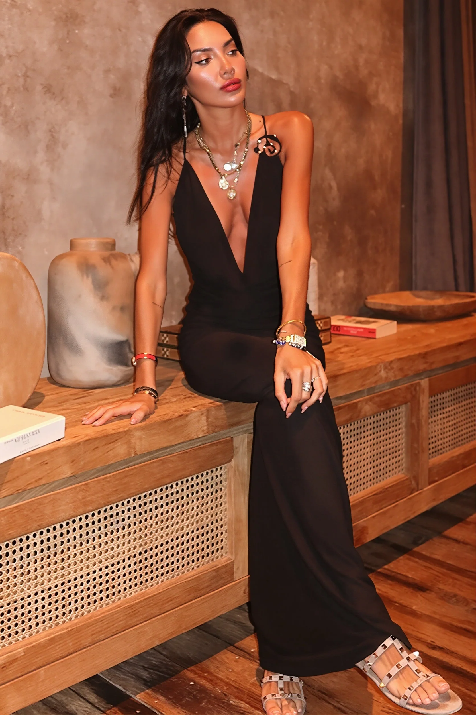 Chic Solid Deep V Cami Backless Slim Fit Maxi Dress - Image 2