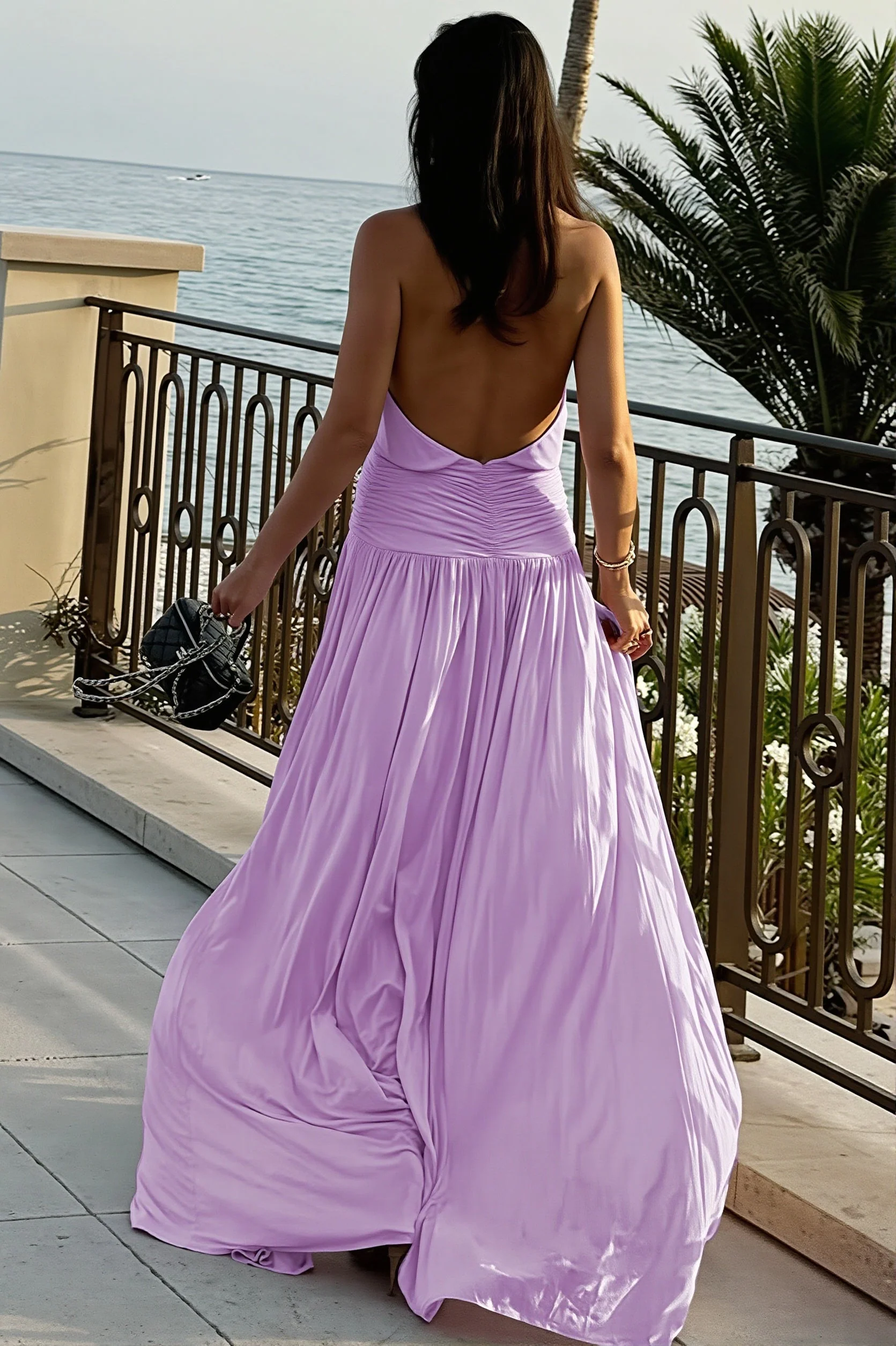 Chic Solid Ruched Halter Backless Side Slit Maxi Dress - Image 4