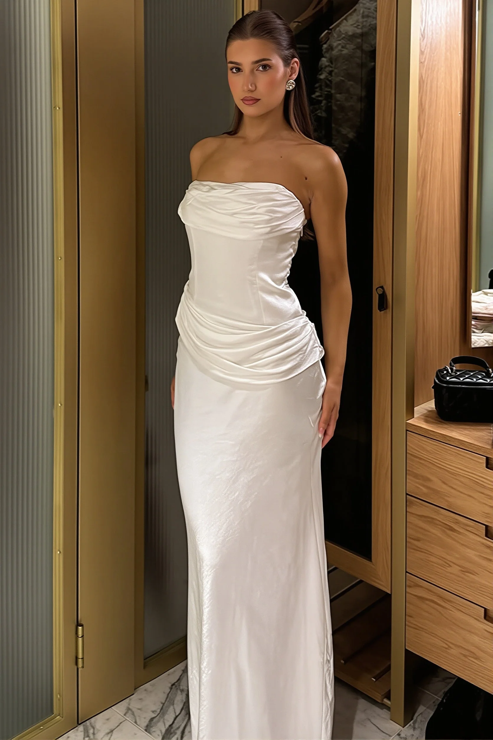 Chic Solid Satin Shirred Strapless Elegant Maxi Dress - Image 2