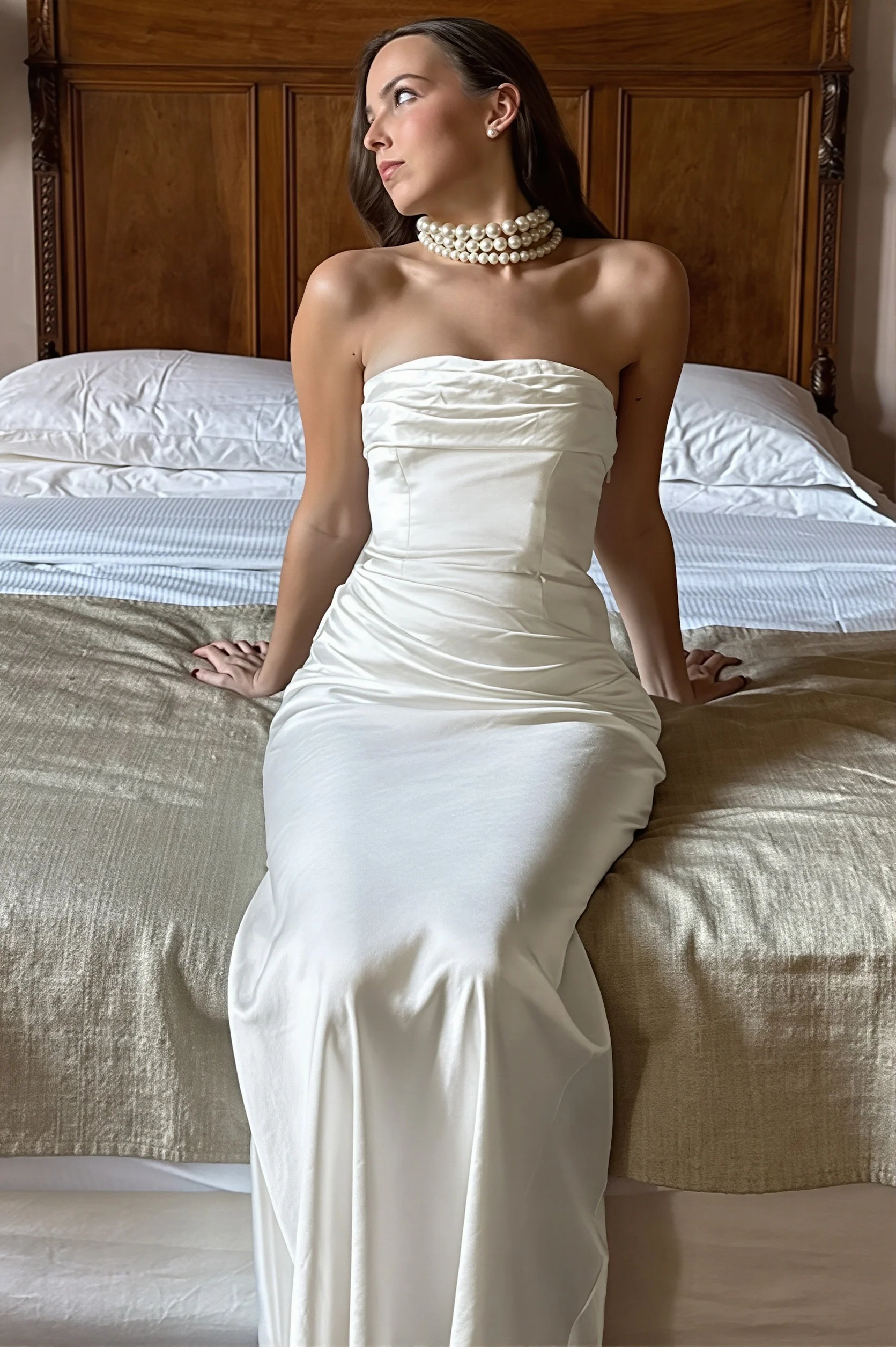 Chic Solid Satin Shirred Strapless Elegant Maxi Dress - Image 4