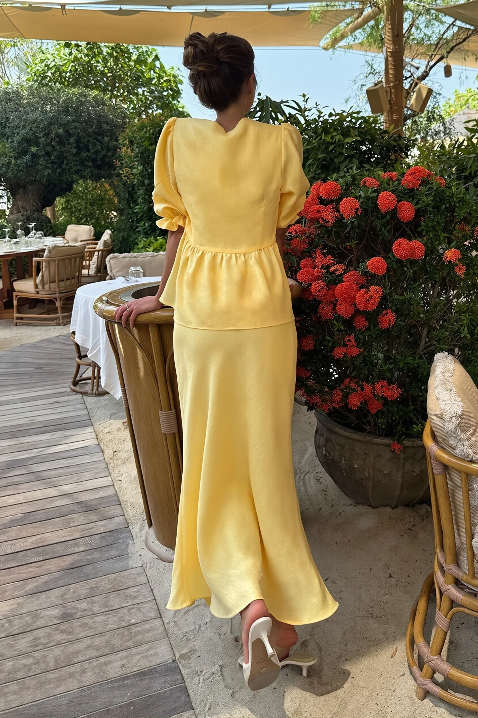 Chic V Neck Short Sleeve Ruffle Hem Skirt Sets - Image 3