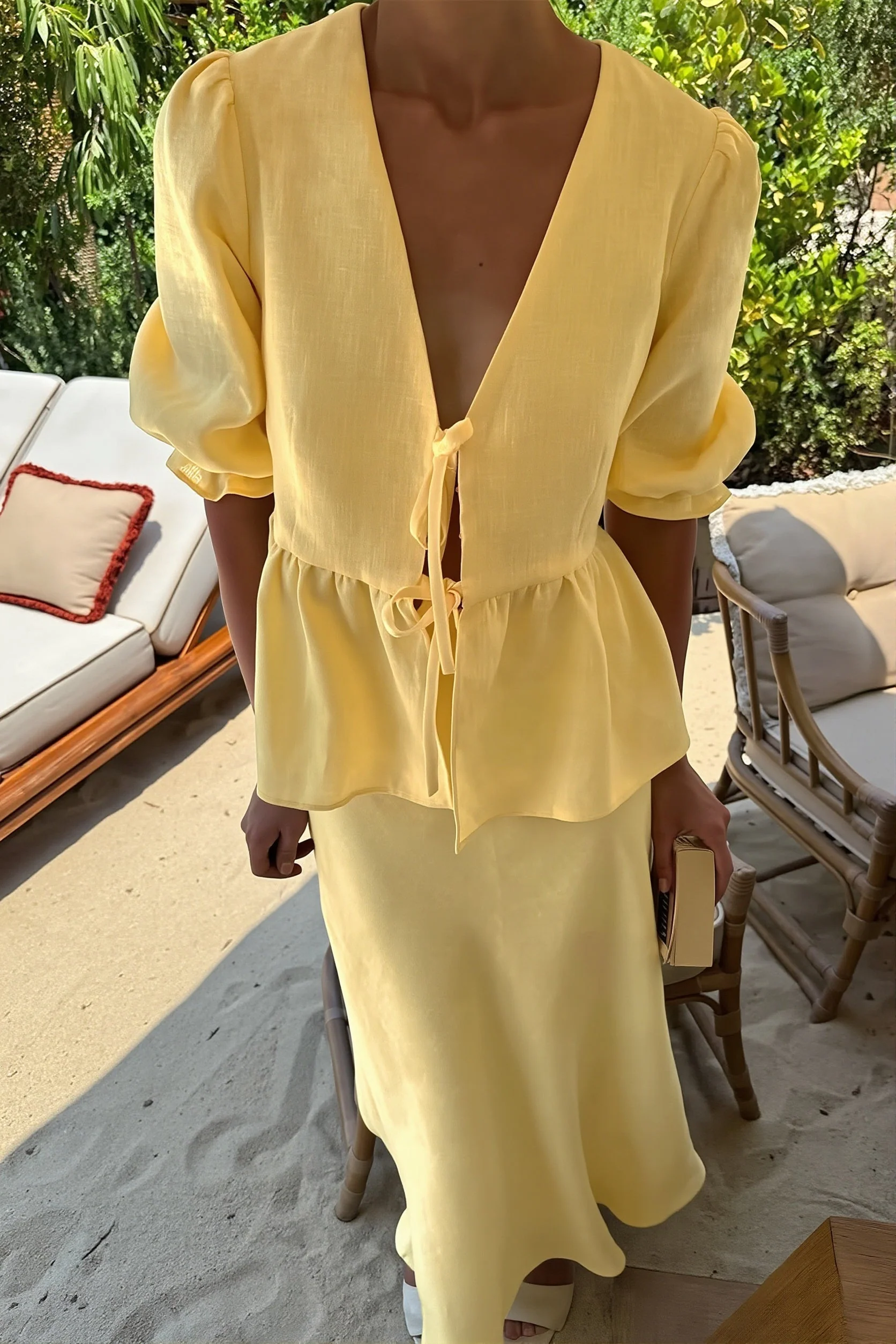 Chic V Neck Short Sleeve Ruffle Hem Skirt Sets - Image 4