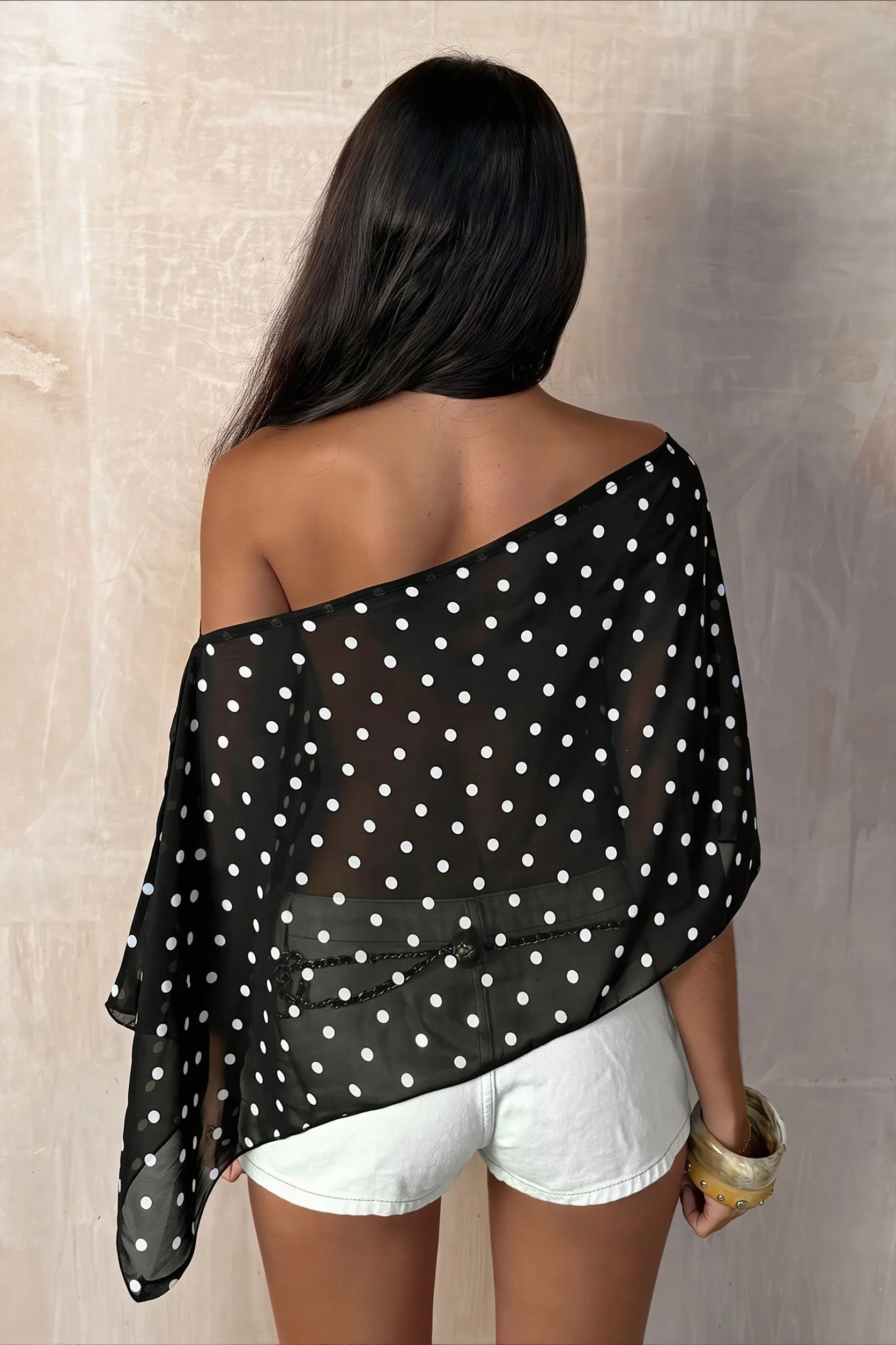 Chiffon Polka Dot Asym Shoulder Blouse - Image 6